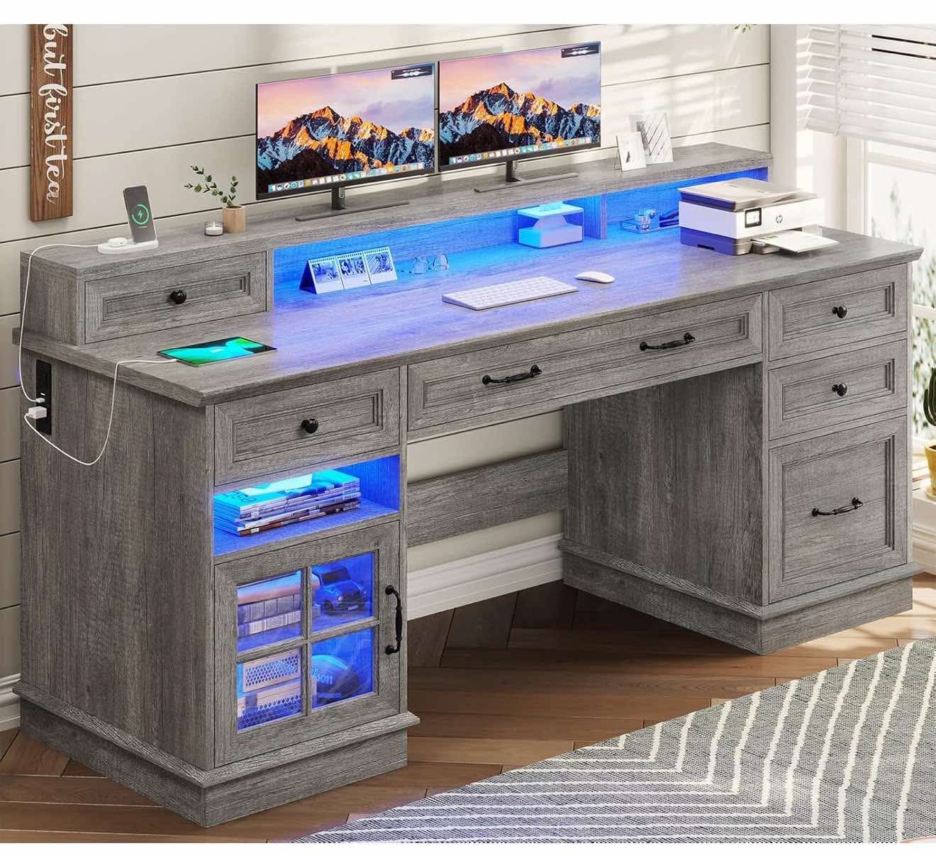 Farmhouse Executive Desk with File Drawer, Computer Desk with Charging Station & LED Lights,, Grey J-32