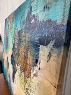 Large 90/120 teal and gold hanging Canvas world map wall art