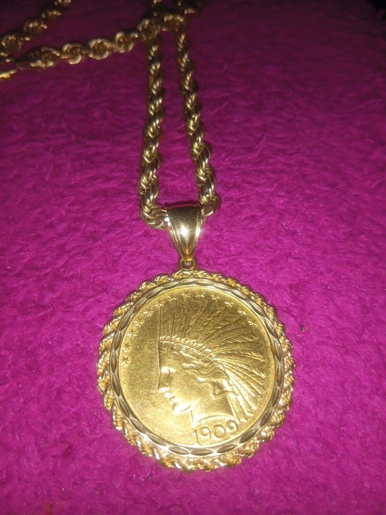 1909 Gold Coin.$10 Dollar.14 K Chain .24 In.
