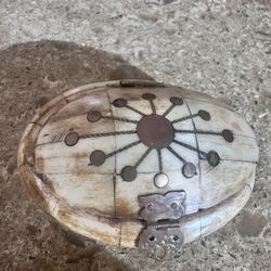 Vintage Oval Bone Trinket Box with Metal Inlay | Handcrafted Jewelry Box