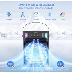 1200ML Cooling fan Air Conditioner with Remote,3 Wind Speed & 7 LED Light,3 Cool Mist& 2-8H Timer, Removable Personal Air Conditioner Evaporative Air 