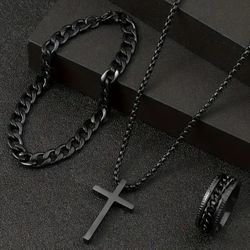 3-Pcs Men's Black Cross Pendant Necklace & Chain Bracelet With Black Ring Size 11
