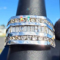 14k solid white gold baguette & round cut 3.3CTW natural diamond men’s fashion ring sz 10.5