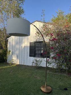 Crate & Barrel Brass Arc Floor Lamp with Drum Shade