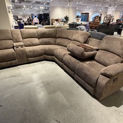Brown Sofa Sectional 2x Recliners & Drop Down Cup Holders