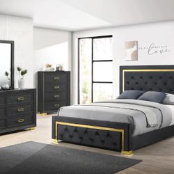 Black/Gold Upholstery 4-PC Queen Bedroom Set OfferUp Special 