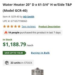 A.O. Smith

ProLine 40 gal. Tall 40 MBH Low NOx Atmospheric Vent Natural Gas Water Heater