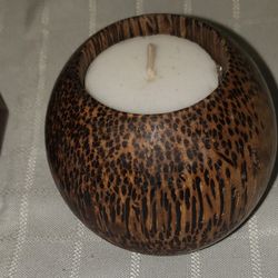 Handmade Coconut Shell Votive in Decorative Weaved Basket Box
