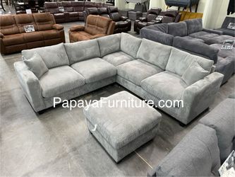 New!Soft Light Grey Sectional Sofa And Ottoman, Sectionals, Sofa, Couch, Plush Sectional, Living Room Sofa, Sectionals, L-Shaped Couch, Corduroy Couch