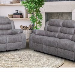 New Smoke Gray Reclinable Sofa And Loveseat 
