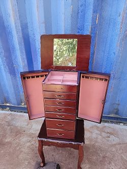 Vintage Wooden Queen Anne Style Jewelry Armoire - Lined Jewelry Compartments