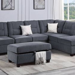 Brand New Grey Chenille Sectional Sofa w Storage Ottoman 