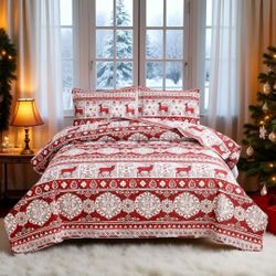 3 Pcs Red Gray Christmas Reindeer Bedding Quilt Set King Size Xmas Deer Bedspread New Year Snowflake Coverlet Holiday Bedroom Home Decor