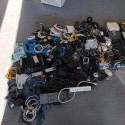 Big Lot Of Electronics Wires, Routers, Adapters, Power Cords, Cat Cables And More