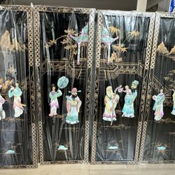Panel Wall Hangings, Oriental Shell Art, Black Lacquer, Home Decor, Wall Art, Mother of Pearl Shells