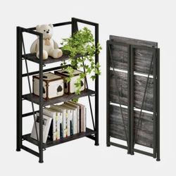 >4NM No-Assembly Folding Bookshelf Storage Shelves 3 Tiers Vintage Bookcase Standing Racks Study Organizer Home Office (Gray and