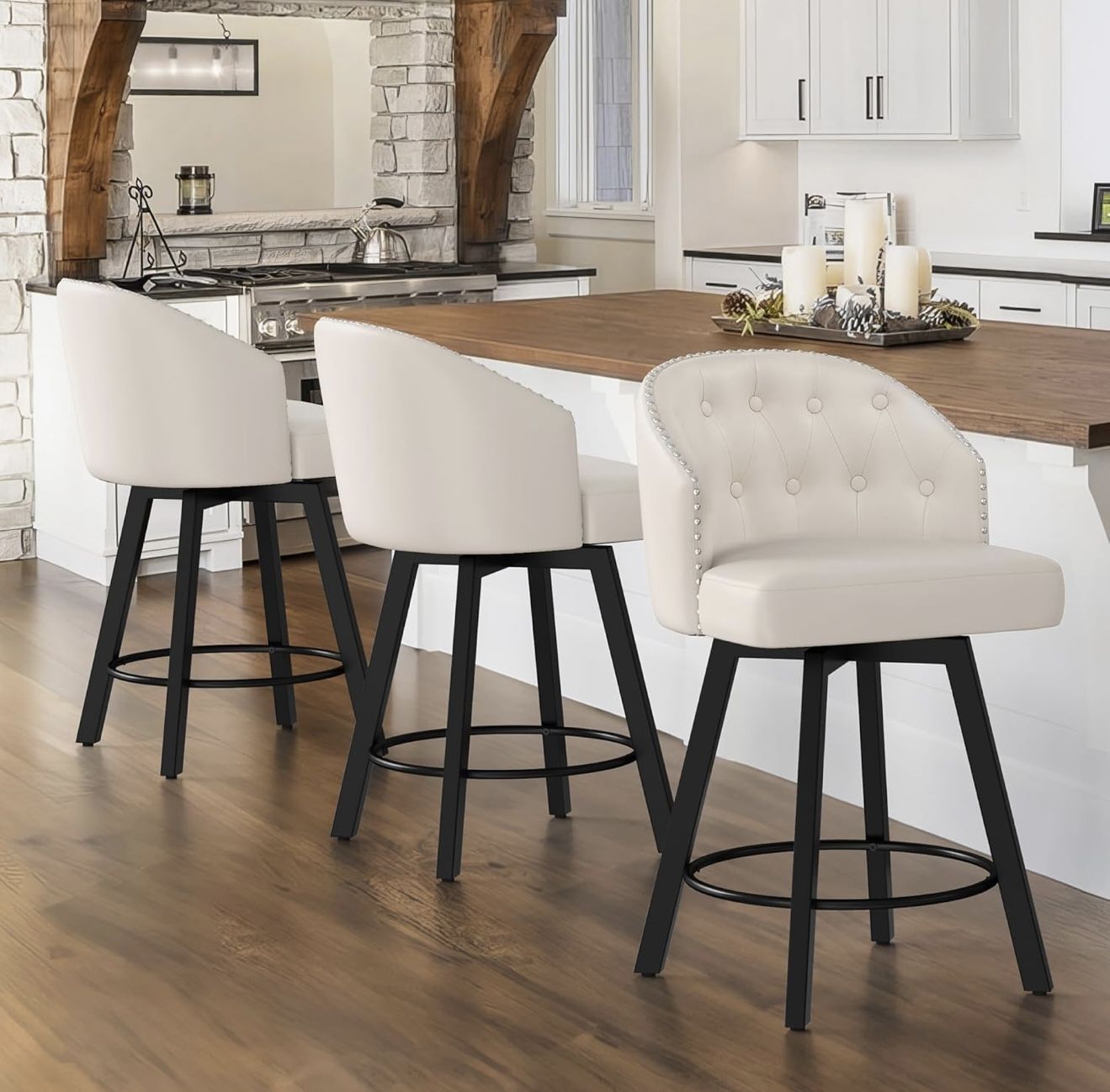 Counter Height Bar Stools Set of 3, 26" Swivel Faux Leather Upholstered Bar Stools 