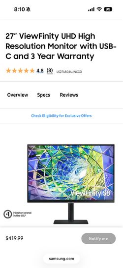 Samsung 27” S80UA Monitor w/ USB-C