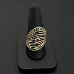 14k yellow solid gold Multi-Colored Cocktail Gem stones Ring sz 11 5.3 grams