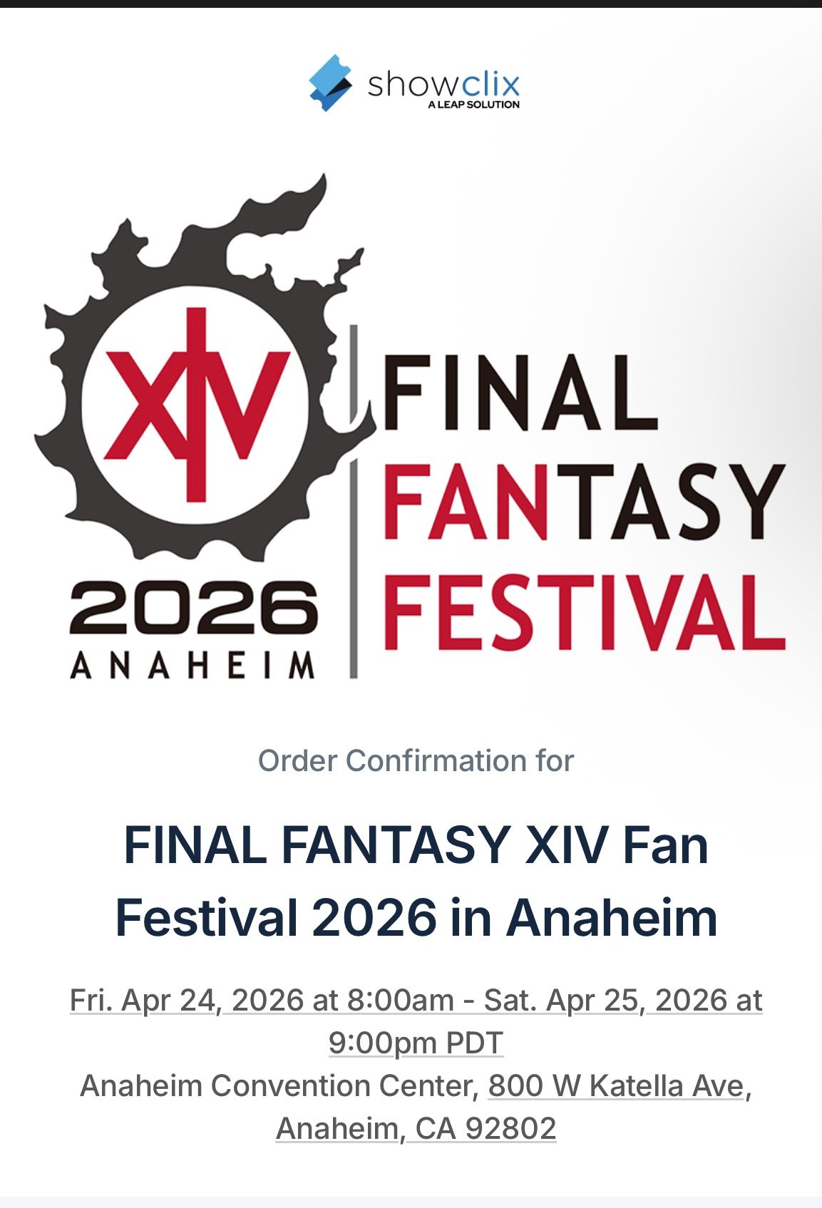 Final Fantasy 14 Fan Festival Anaheim Tickets Set Of 2 For 2026