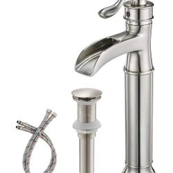 7781: Waterfall Vessel Sink Faucet Brushed Nickel Bathroom Faucet Single Handle Tall Single Hole Bathroom Sink Faucet