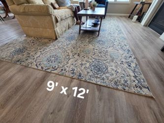9' x 12' Area rug
Cream light Grey and blue
In excellent condition
Also has a liner underneath it