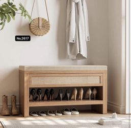 32” Shoe Bench with Storage Drawer, Farmhouse Entryway Bench with Linen Seat Cushion, Wooden Shoe Rack with Shelf, Oak