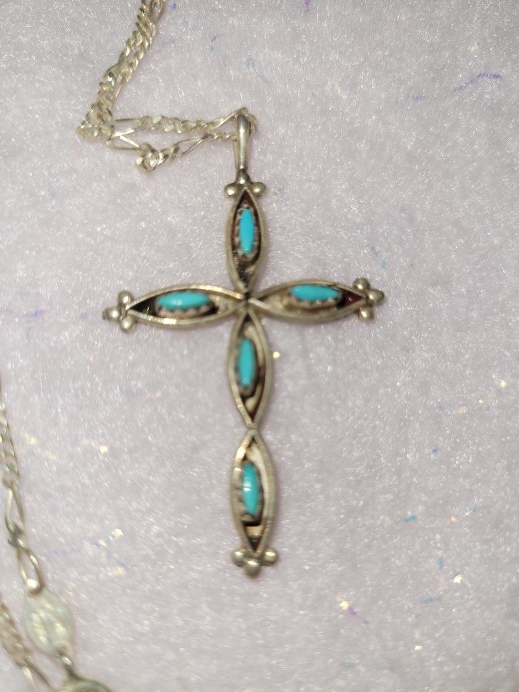 Vintage Sterling Silver Turquoise Cross Necklace