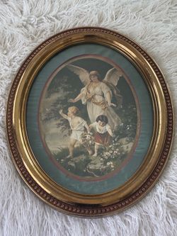 Vintage Oval Framed Guardian Angel Art – Gold Beaded Frame