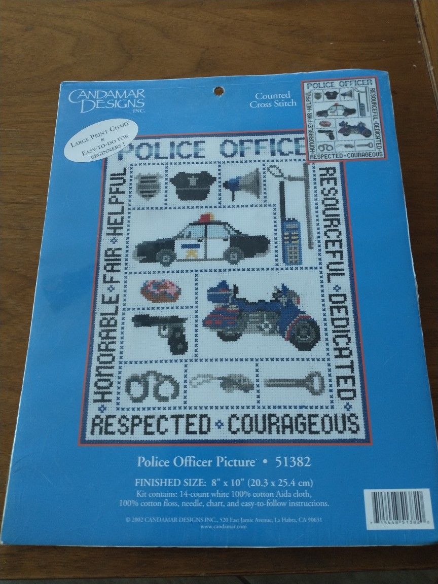 Police office picture cross stitch 8 x 10"by Candamar Designs