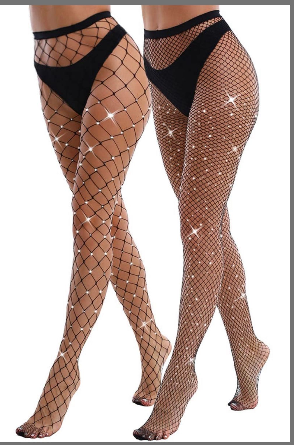 VEBZIN 2 Pack Sparkly Large And Medium Mesh Black Fishnet Tights Glitter Rhinestone Fishnets Leggings 