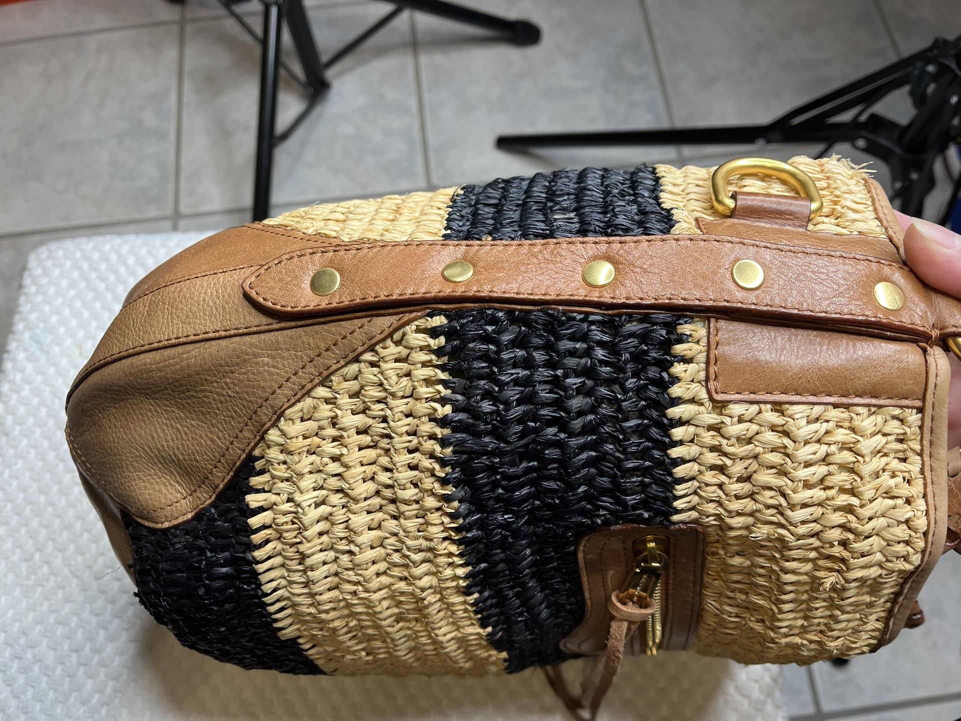 Rebecca Minkoff Leather And Straw Woven Bucket Handbag