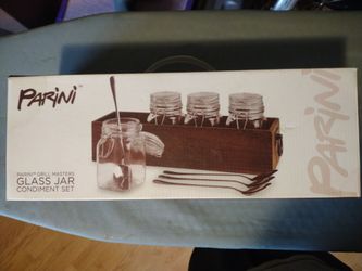 Parini Grill Masters Glass Jar Condiment Set with Wooden Caddy