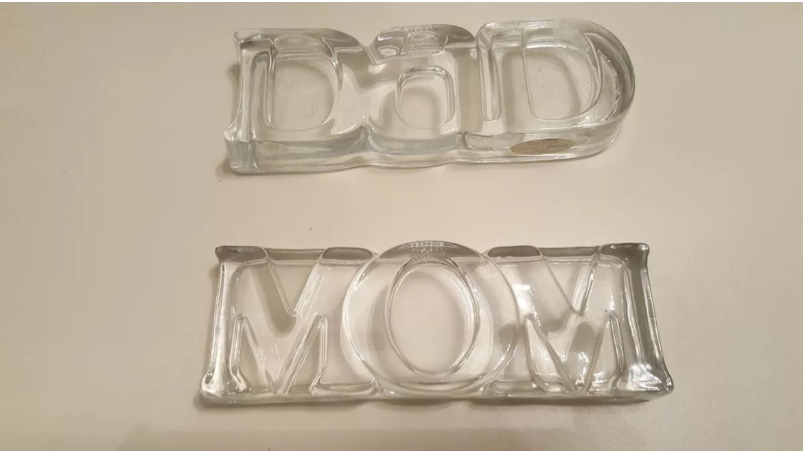 Vintage 1983 Avon MOM & DAD Clear Glass Paperweight Fostoria