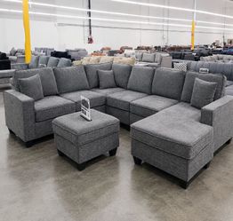 5-pc sectional sofa with ottoman chenille  & corduroy fabric dark gray, grey, slate black, slate grey