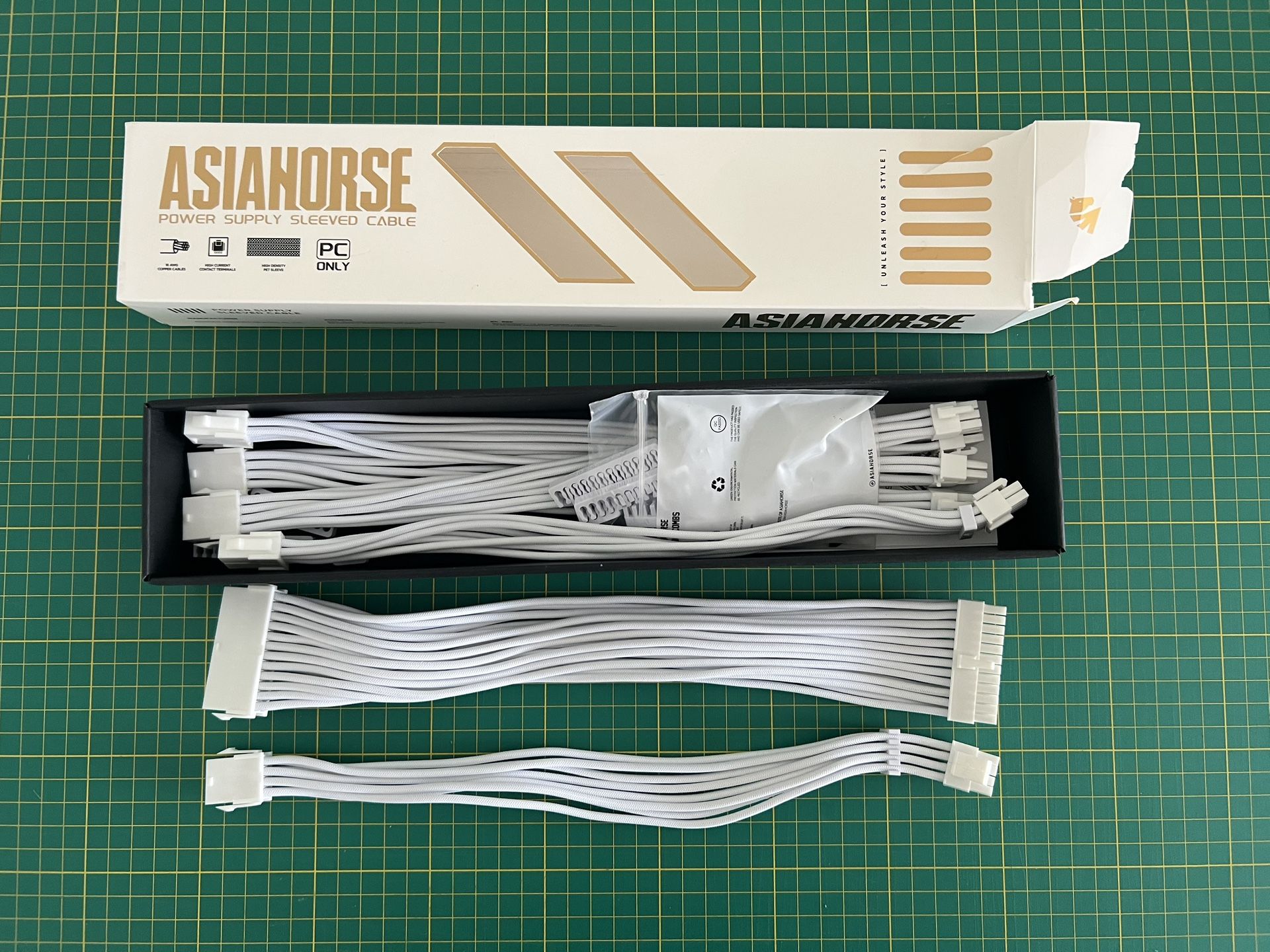 Power Supply Sleeved Cable, 16 AWG PSU Extension Cable Kit of White Connector, 1x24Pin/2x4+4 EPS/3x6+2 PCI-E, 30cm Length with Combs-White