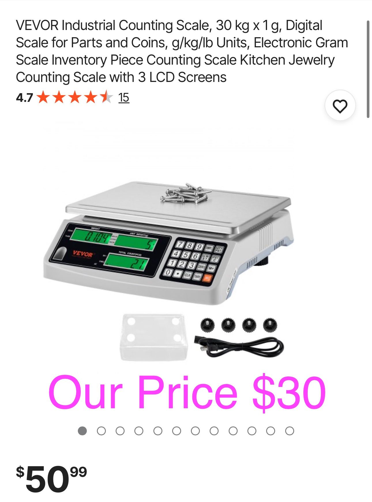 Industrial Counting Scale, 30 kg x 1 g, Digital Scale 