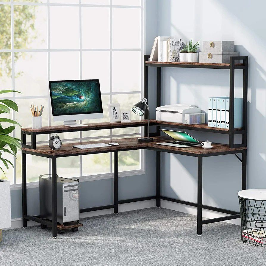 L Shaped Desk with Hutch and Monitor Stand

