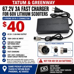 NEW 67.2V 3A Fast Charger for 60V Lithium Scooter Battery – 3-Prong GX16-3