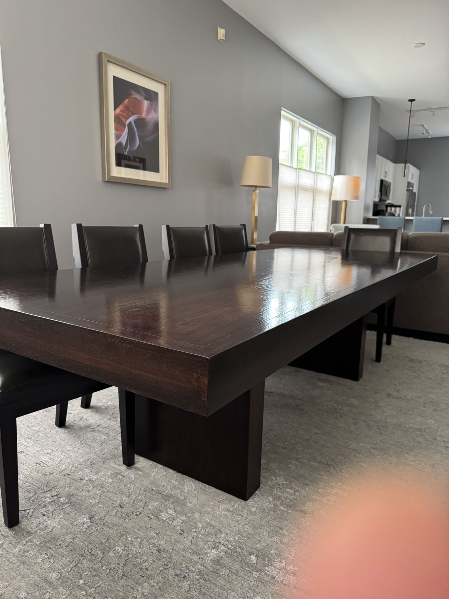 Solid Wood 9’ Dining Table and 10 Leather Chairs