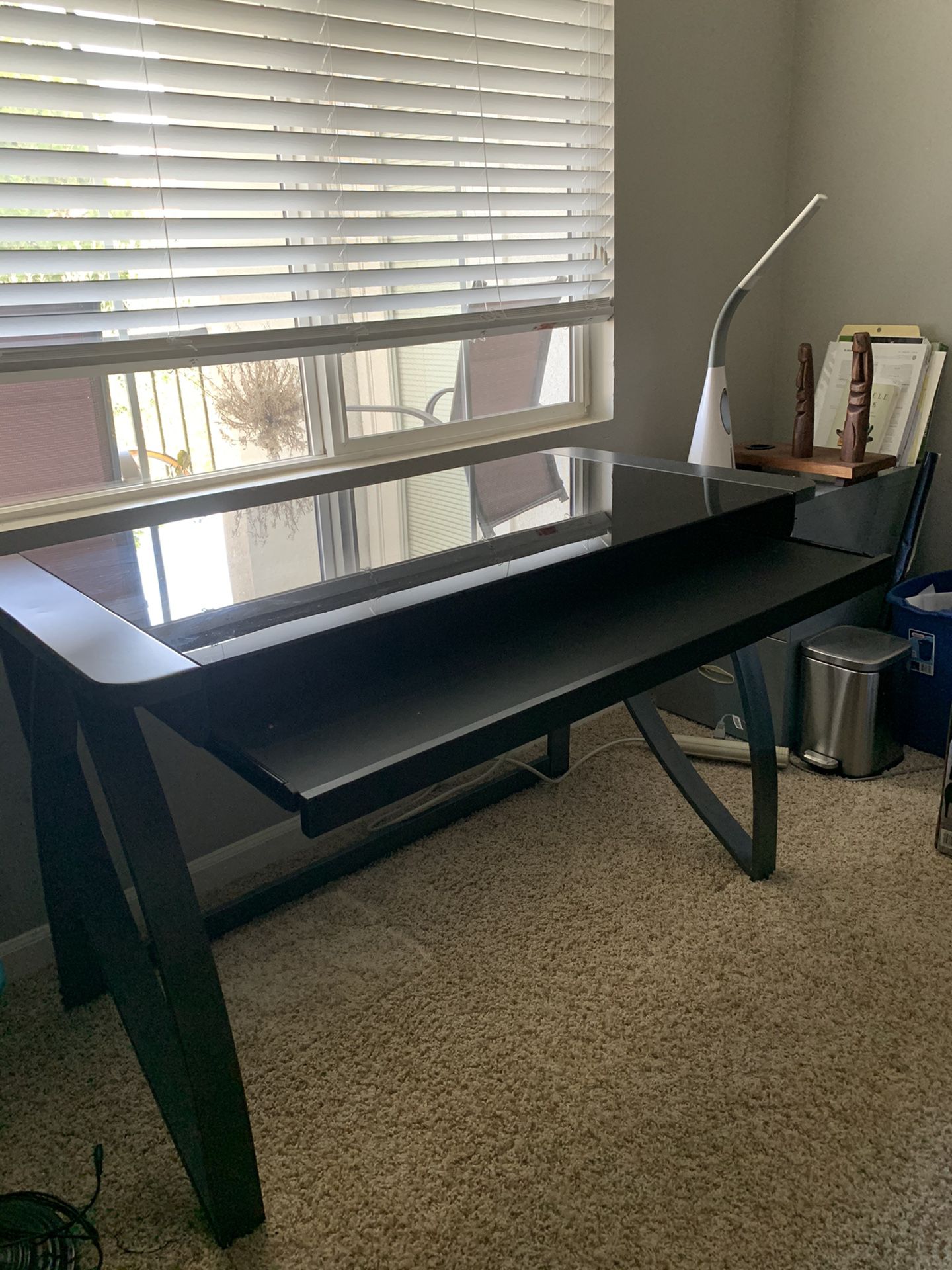 Glass and steel computer and office desk with keyboard tray