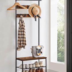 Hall Tree with Bench and Shoe Storage, Entryway Bench with Coat Rack Stand and Shoe Rack, 9 Removable Hooks, Top Bar, Fabric Shelves, Indu