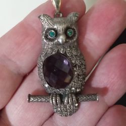 925/14k Marcasite Gemstone Owl Pendant