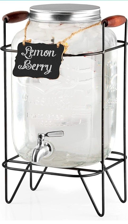 2 Gallon Glass Beverage Dispenser, Metal Base, Stainless Steel Spigot