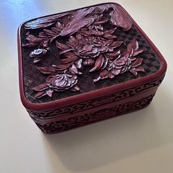 Antique Chinese Cinnabar lacquer box with floral and landscape design