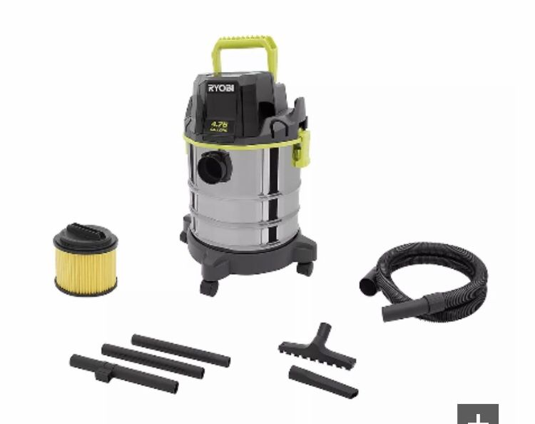 RYOBI 18V ONE+ Cordless 4.75 Gallon Wet/Dry Vacuum (Tool Only) with Hose, Crevice Tool, Floor Nozzle, and Extension Wands