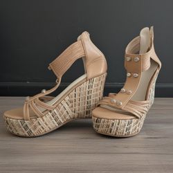 Tan Studded Espadrille Platform Wedge Sandals – Size 6