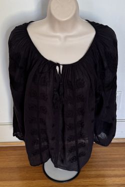 Isabel Marant Etoile black gauzy mixed media puff sleeve blouse with tassels, size XL