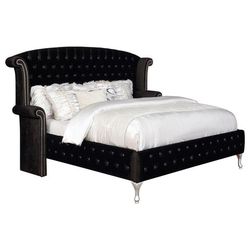 💎GLAM WINGBACK QUEEN SIZE BED FRAME VELVET TUFTED NAILHEAD ACCENTS CAMA💎