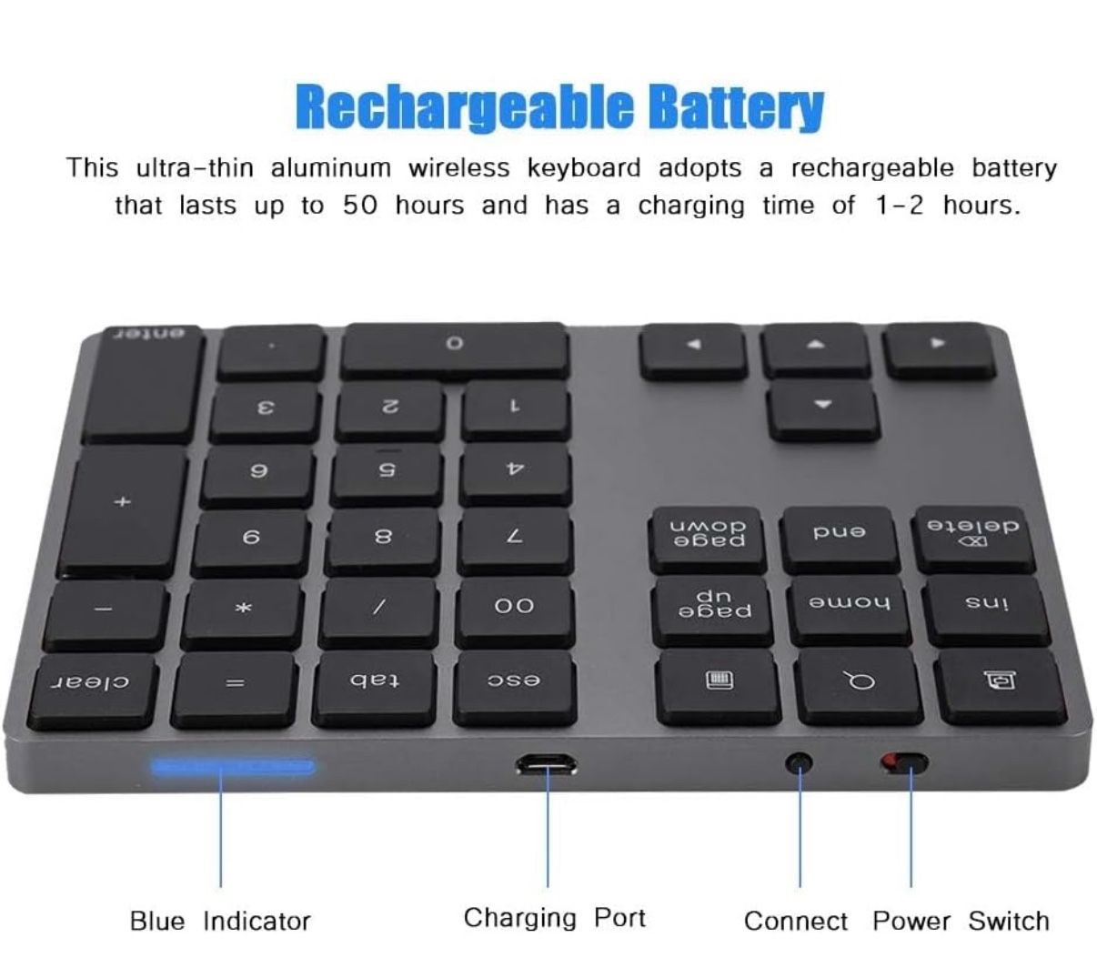 Numeric Keypad, Rechargeable Aluminum Alloy 34 Keys Mini Bluetooth Numpad, Slim External Numpad Keyboard Data Entry Support Windows, iOS, Android Syst